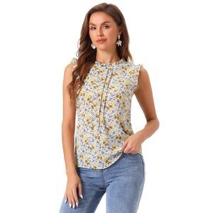 Ruffled Business Office Vintage Sleeveless Work Blouses Top Beige Purple-Floral
